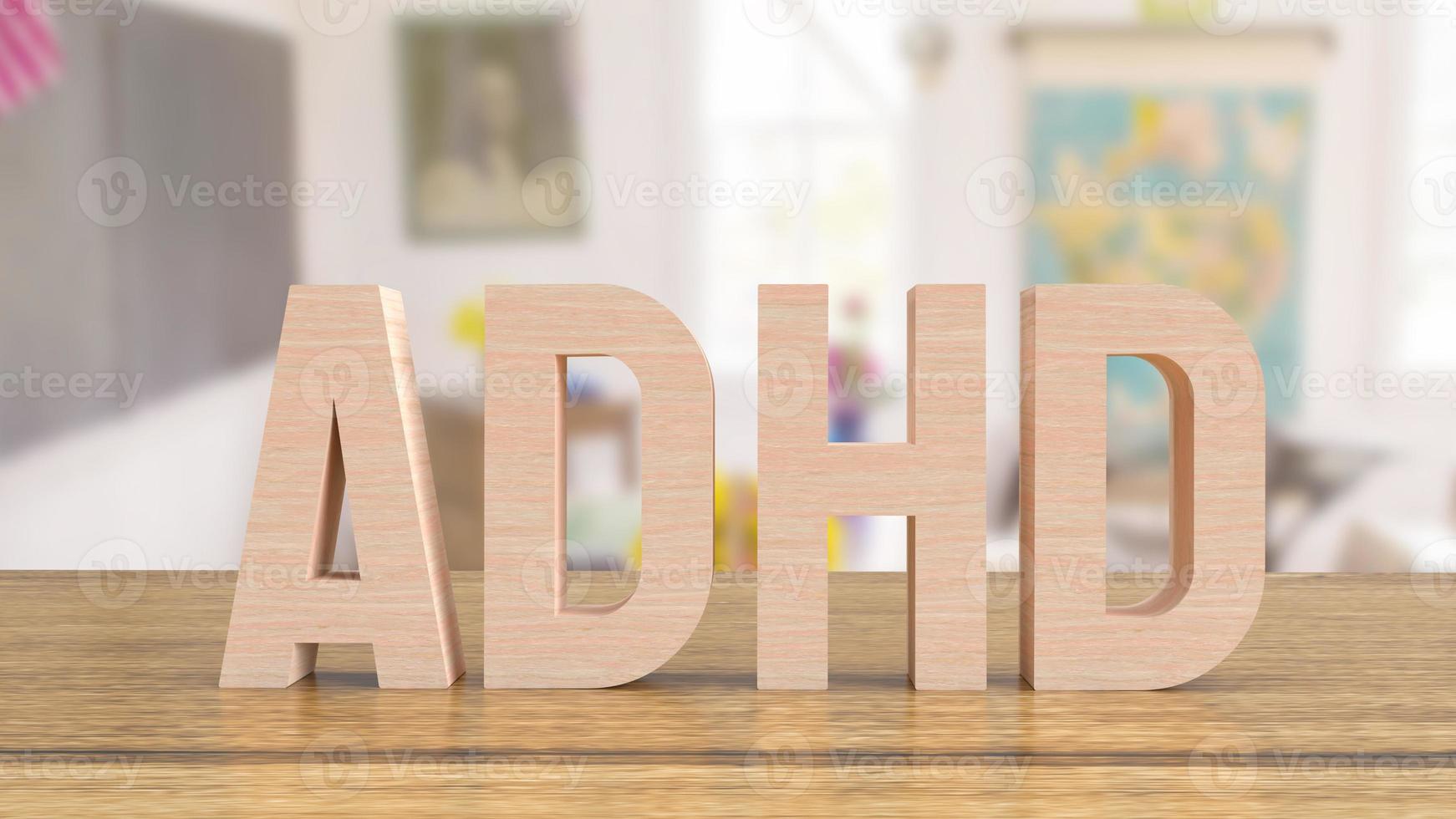 ADHD-houttekst op tafel in de klas voor medische of onderwijsconcept 3D-rendering foto