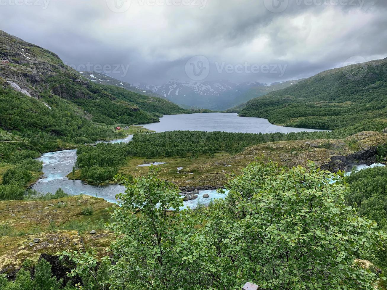 uitzicht op een groene vallei vanaf de rallarvegen-fietsroute in noorwegen in de zomer foto