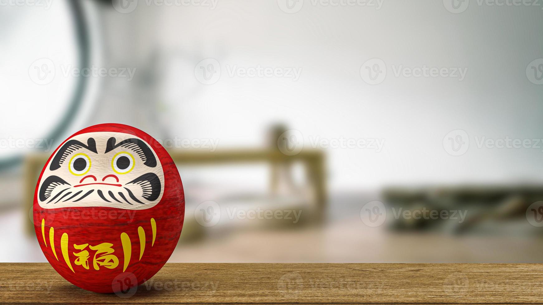 daruma Japanse pop op houten tafel 3D-rendering foto