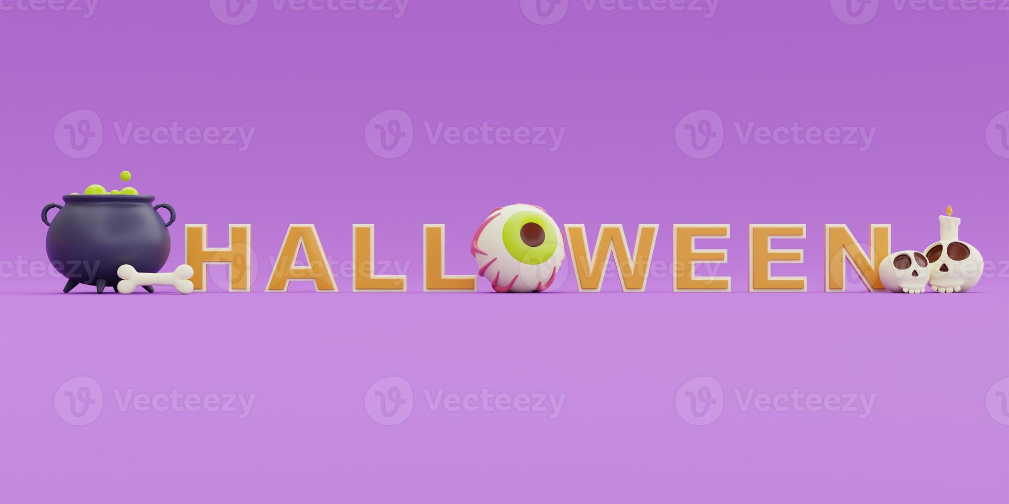 happy halloween met heksenketel, oogbol en botten op paarse achtergrond, traditionele oktobervakantie, 3D-rendering. foto