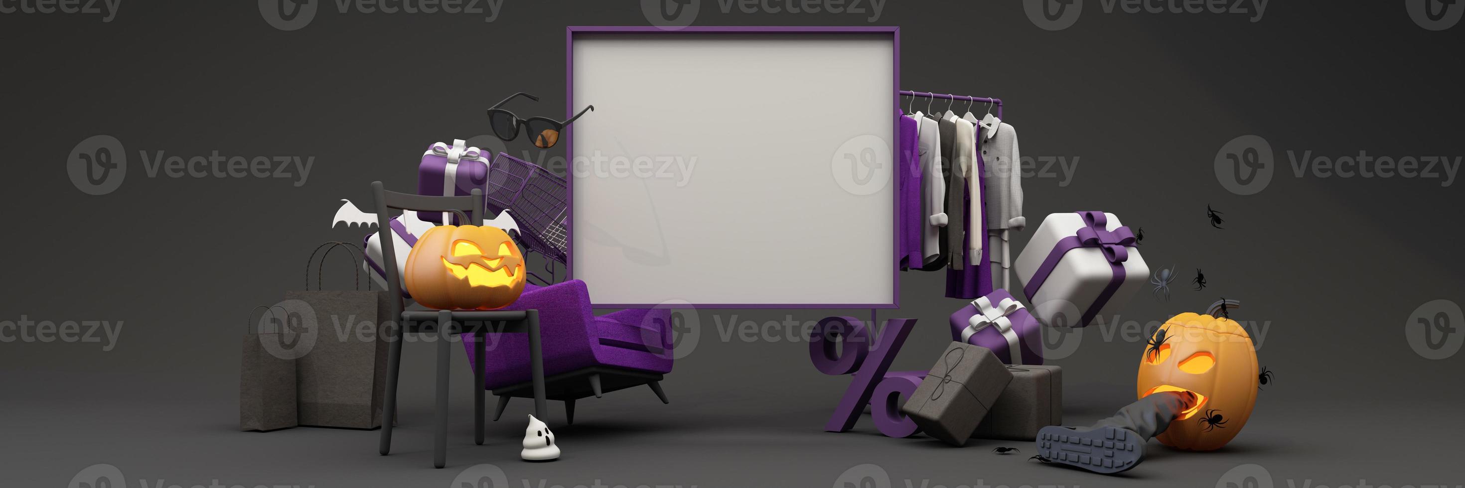 halloween-verkooppromotieposter met halloween-pompoen en modewinkelkleding en geschenkdoos met productpodiumscène. website griezelig, achtergrond voor banner halloween. breedbeeld -3d render foto