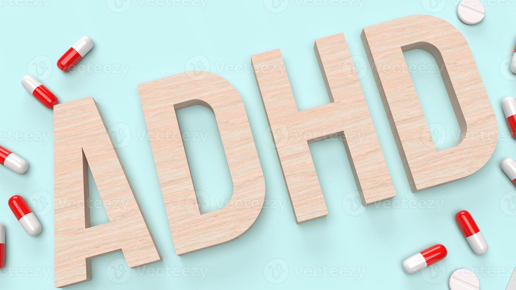 de adhd hout tekst en medicijn voor medische inhoud 3D-rendering foto