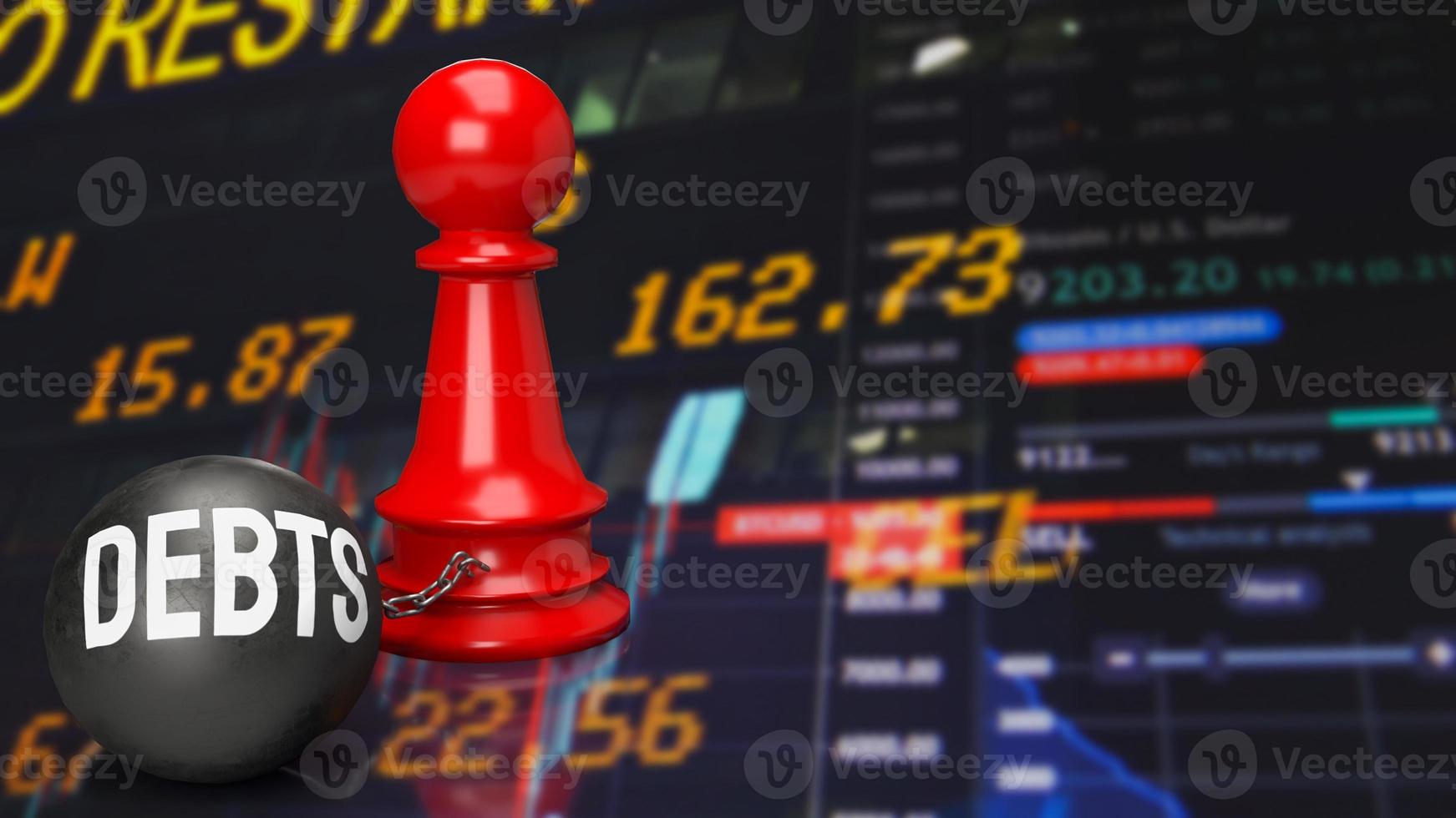 schulden en rood schaken voor bedrijfsconcept 3D-rendering foto
