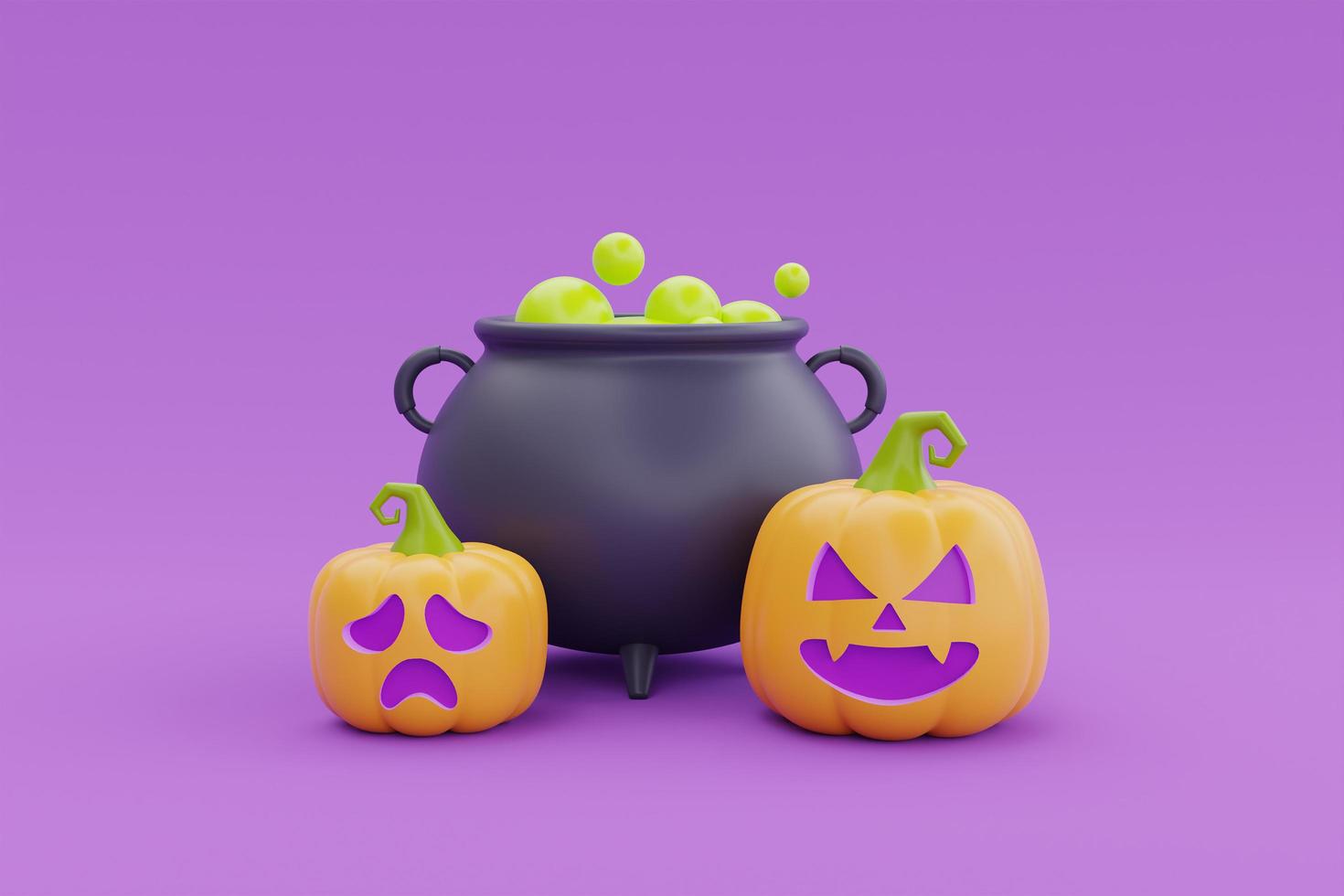 happy halloween met jack-o-lantern pompoenen en heksenketel op paarse achtergrond, traditionele oktobervakantie, 3D-rendering. foto