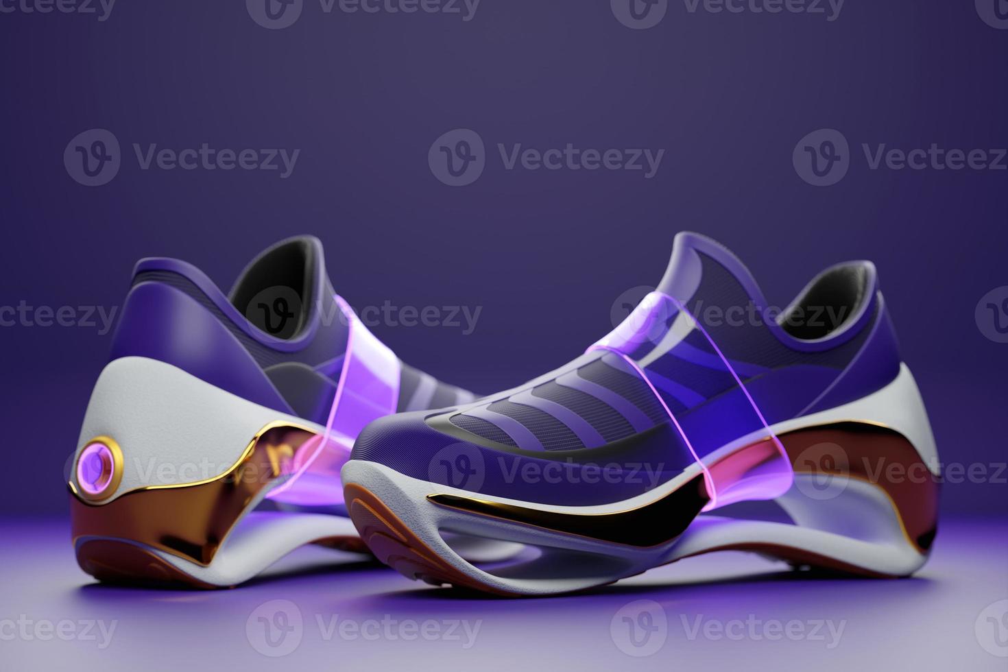 paarse sneakers op de zool. het concept van heldere modieuze sneakers, 3D-rendering. foto