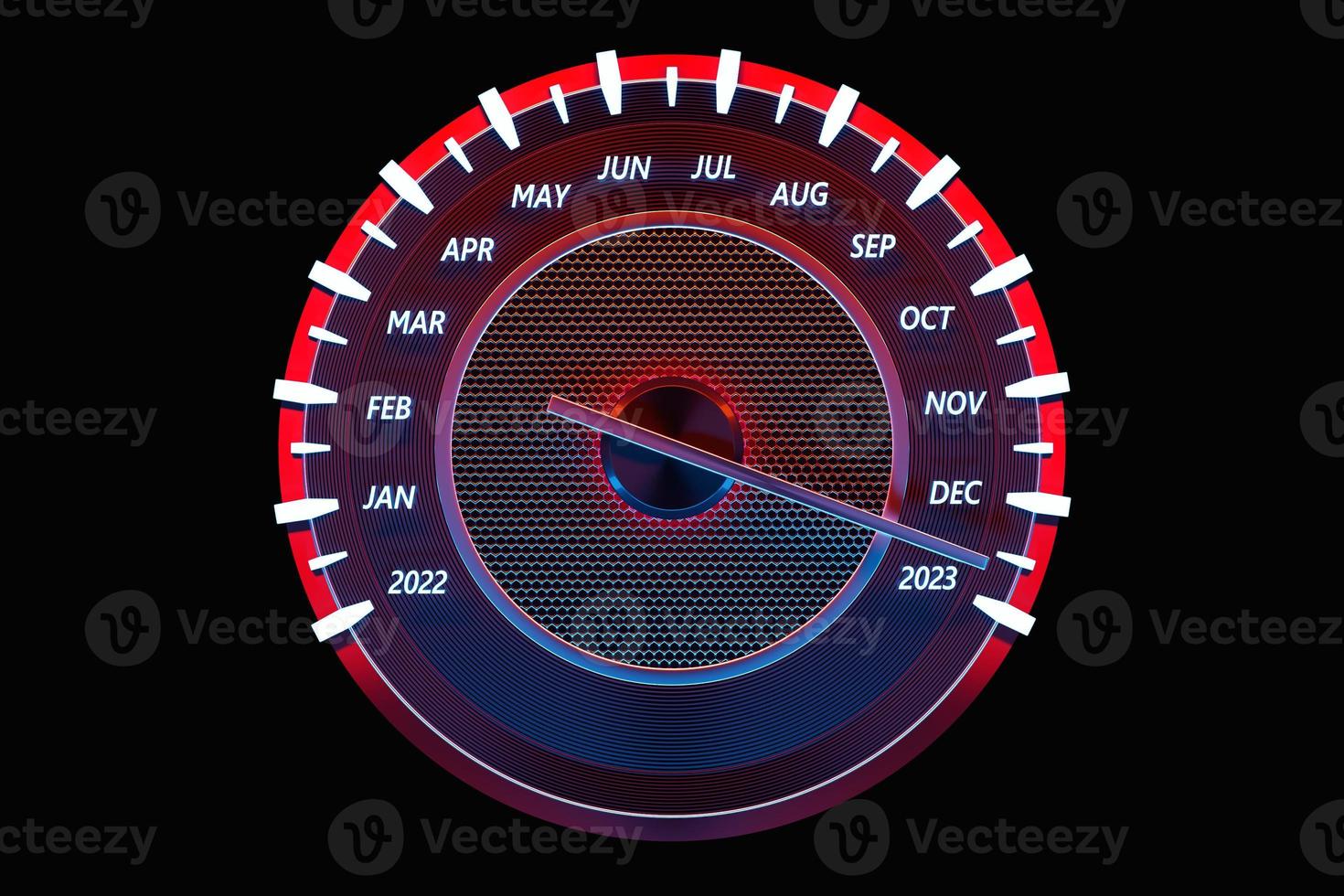 3D illustratie close-up zwarte snelheidsmeter met cutoffs 2022,2023 en kalendermaanden. foto