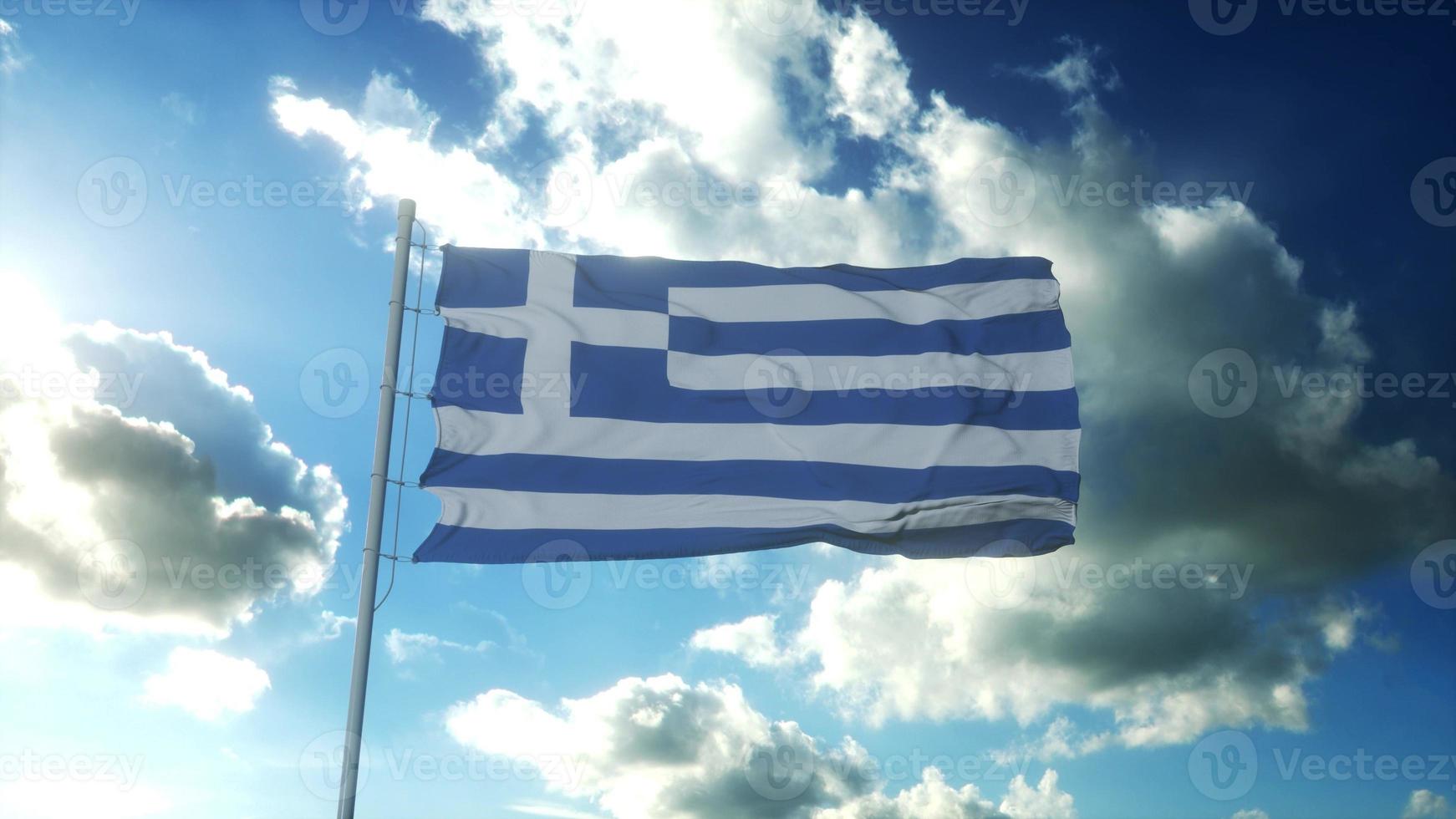 vlag van griekenland zwaaien op wind tegen mooie blauwe hemel. 3d illustratie foto