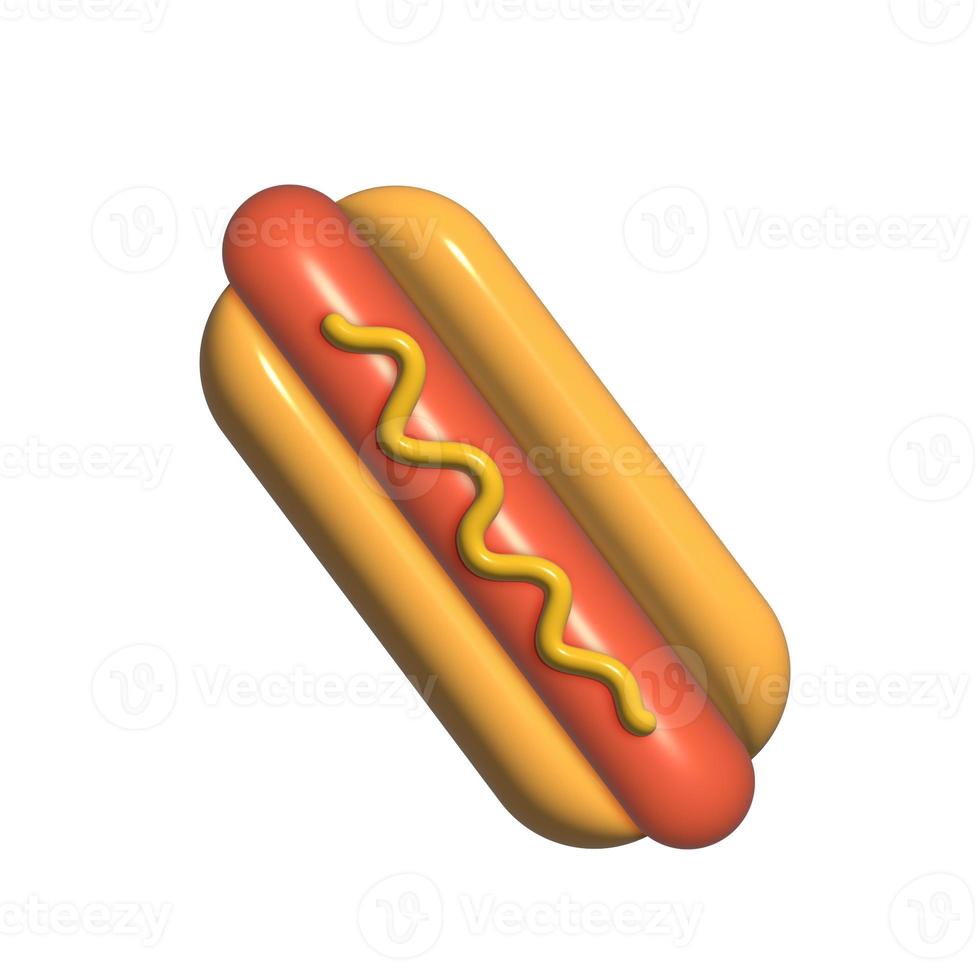 3D-hotdog in een broodje bedekt met mosterd cartoon pictogram illustratie. 3D fastfood hotdog concept geïsoleerd in cartoon-stijl op wit. foto