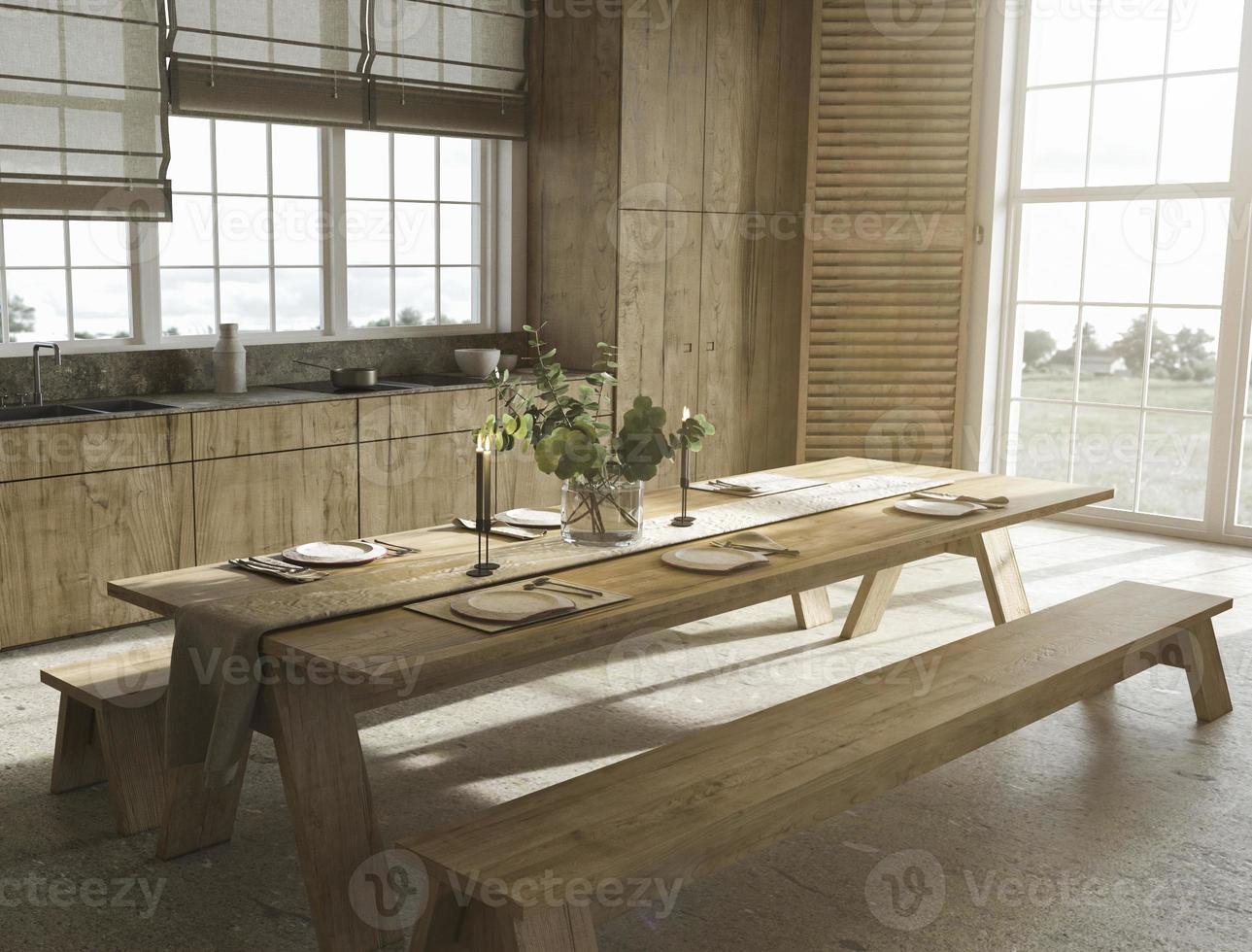 Scandinavische houten keuken in boerderijstijl met jaloezieën en eettafel met servies. 3D render illustratie. foto