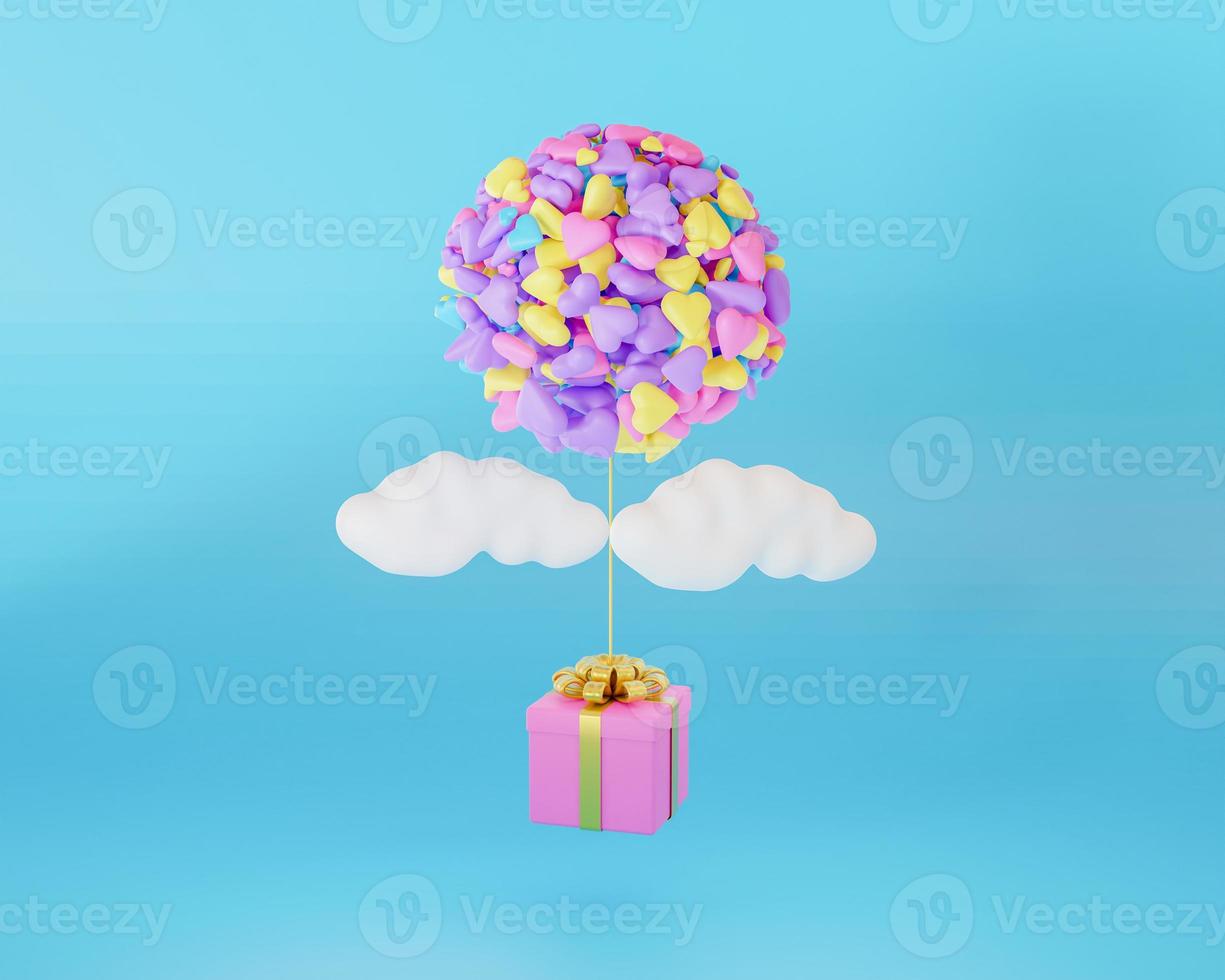 3D illustratie vliegende geschenkdoos met liefde ballonnen en wolken op blauwe achtergrond. 3D render foto