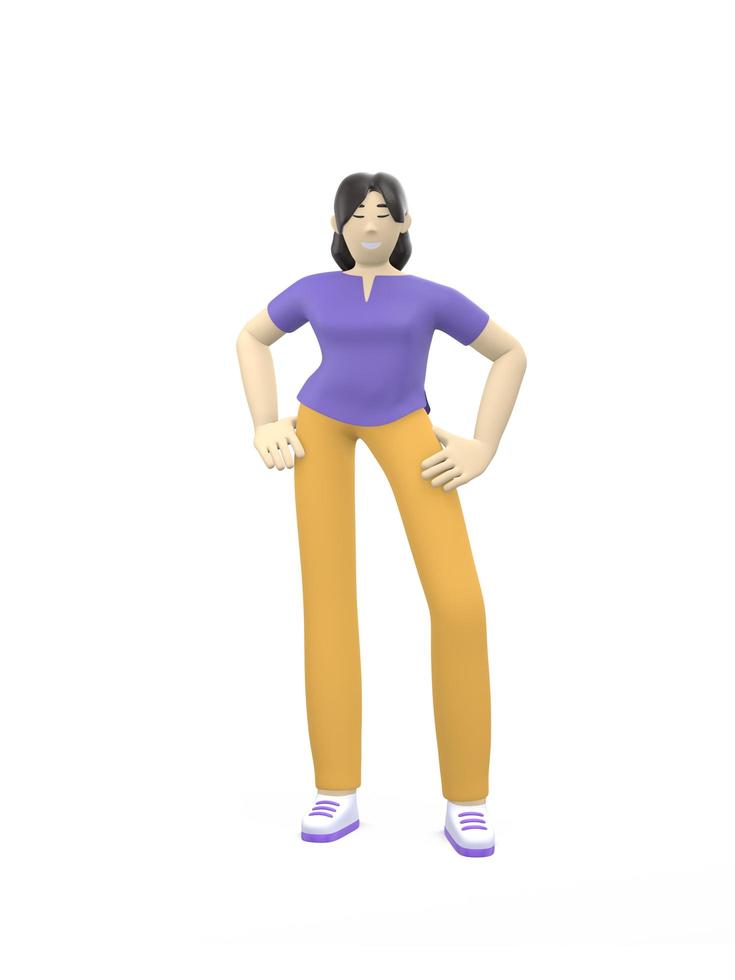3D-rendering karakter van een Aziatisch meisje dat in een vrije pose staat. happy cartoon mensen, student, zakenman. positieve illustratie is geïsoleerd op een witte achtergrond. foto