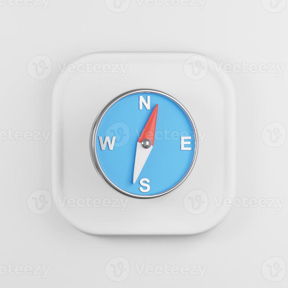 kompaspictogram met blauwe wijzerplaat. 3D-rendering witte vierkante knop, interface ui ux-element. foto