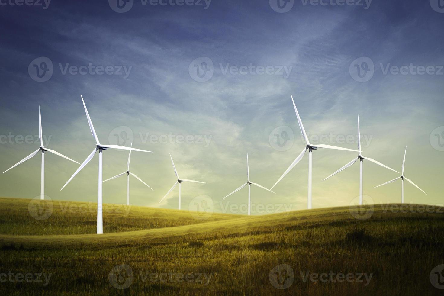 concept idee eco macht energie. windturbine op heuvel met zonsondergang foto