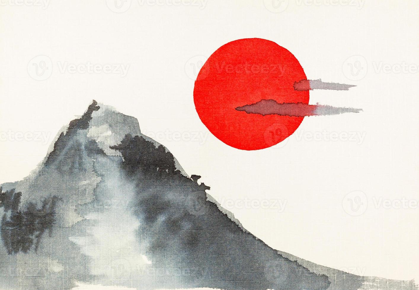 berg en rode zon met de hand getekend in sumi-e-stijl foto