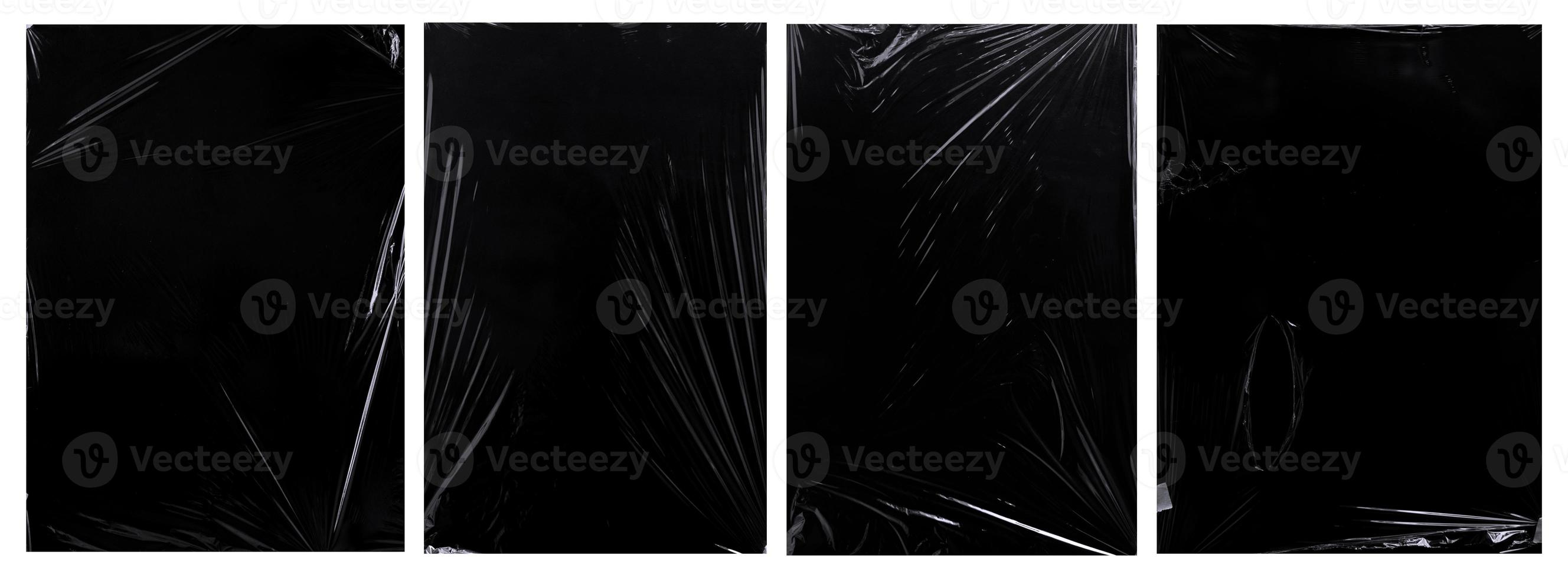 verzameling van plastic wrap-textuur voor achtergrond- en foto-overlay-effect. set gerimpelde plastic poster in uitgerekte stijl. transparante plasticfolie op zwart voor mockups-sjabloon. foto