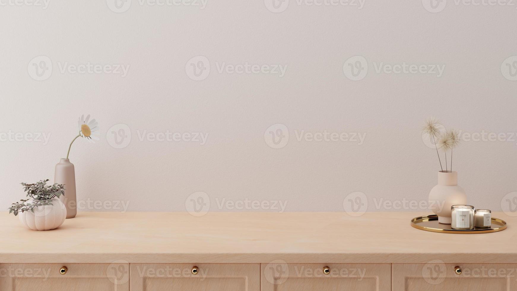 minimale teller mockup achtergrond in japanse stijl met heldere houten toonbank en warme witte muur. keuken interieur. foto