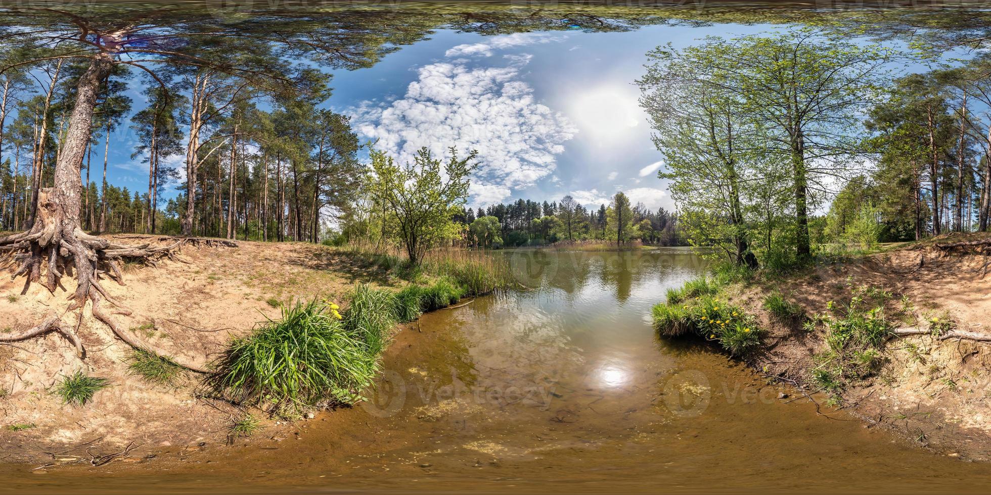 volledig naadloos bolvormig panorama 360 graden hoekzicht op de oever van het meer in dennenbos met prachtige wolken met zonreflectie in equirectangular projectie, klaar vr ar virtual reality-inhoud foto