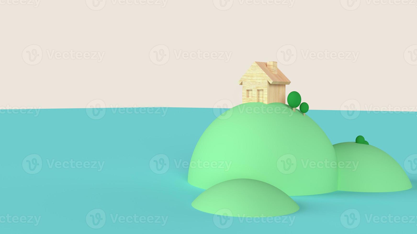 huis hout op eiland 3D-rendering voor sociale afstand of werk vanuit huis inhoud. foto