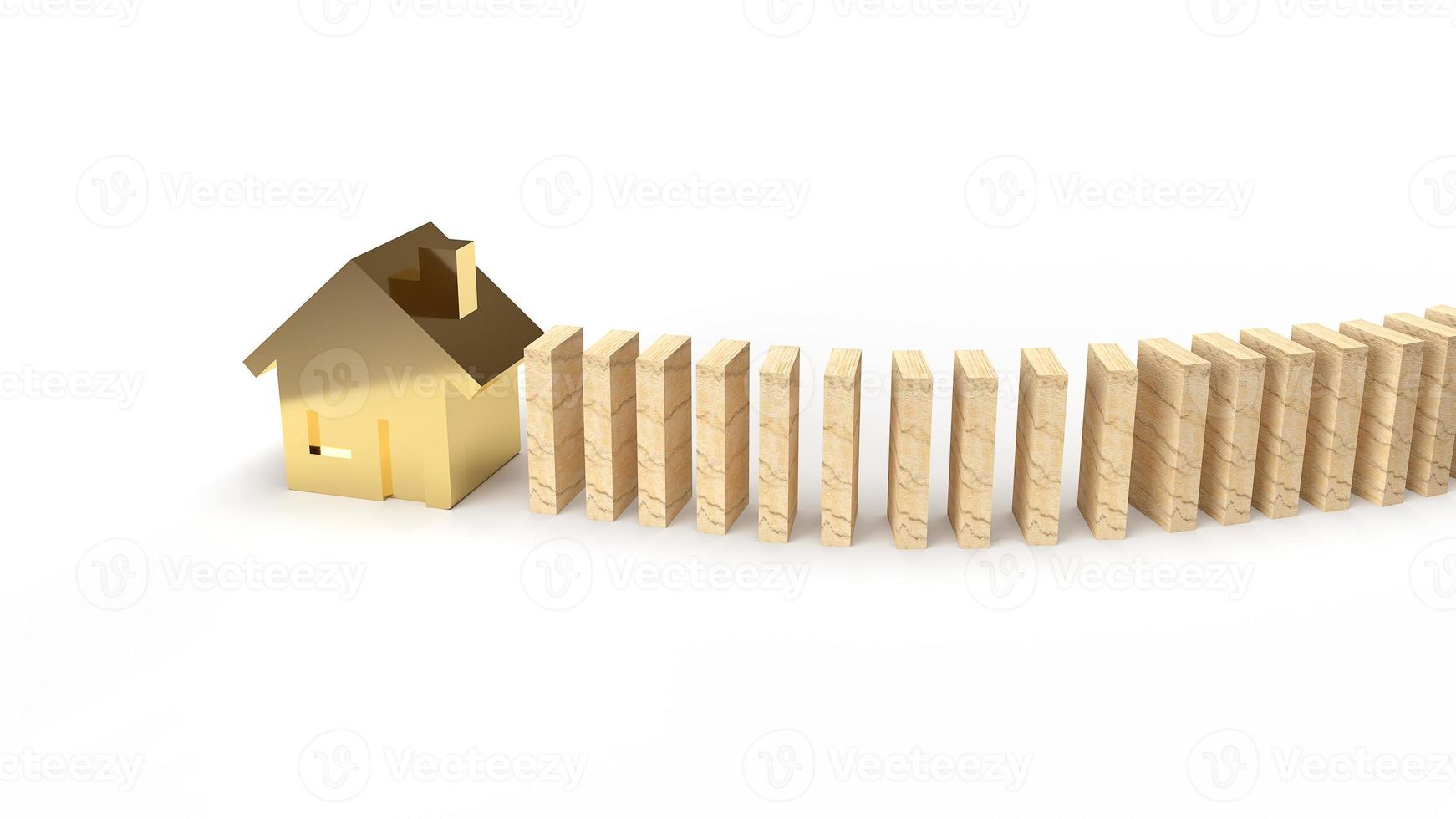 de houten domino en gouden huis 3D-rendering abstract beeld voor de inhoud van onroerend goed. foto