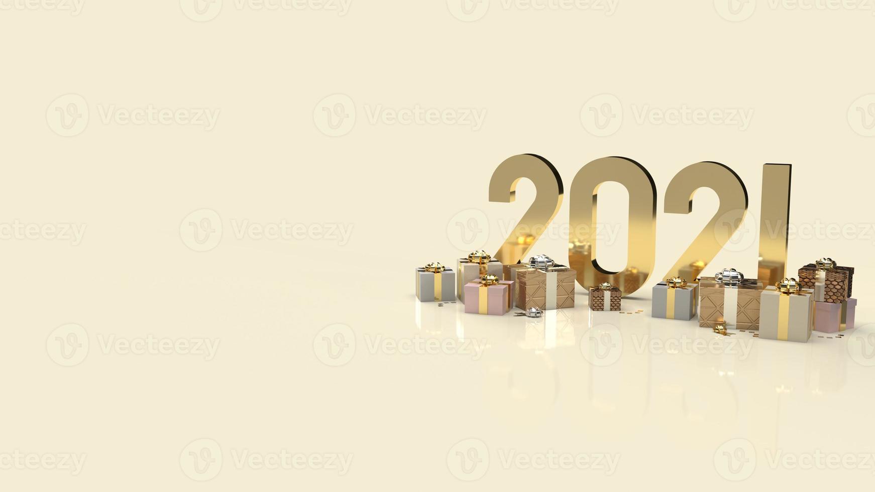 gouden 2021-tekst en geschenkdoos voor 3D-weergave van nieuwjaarsinhoud. foto