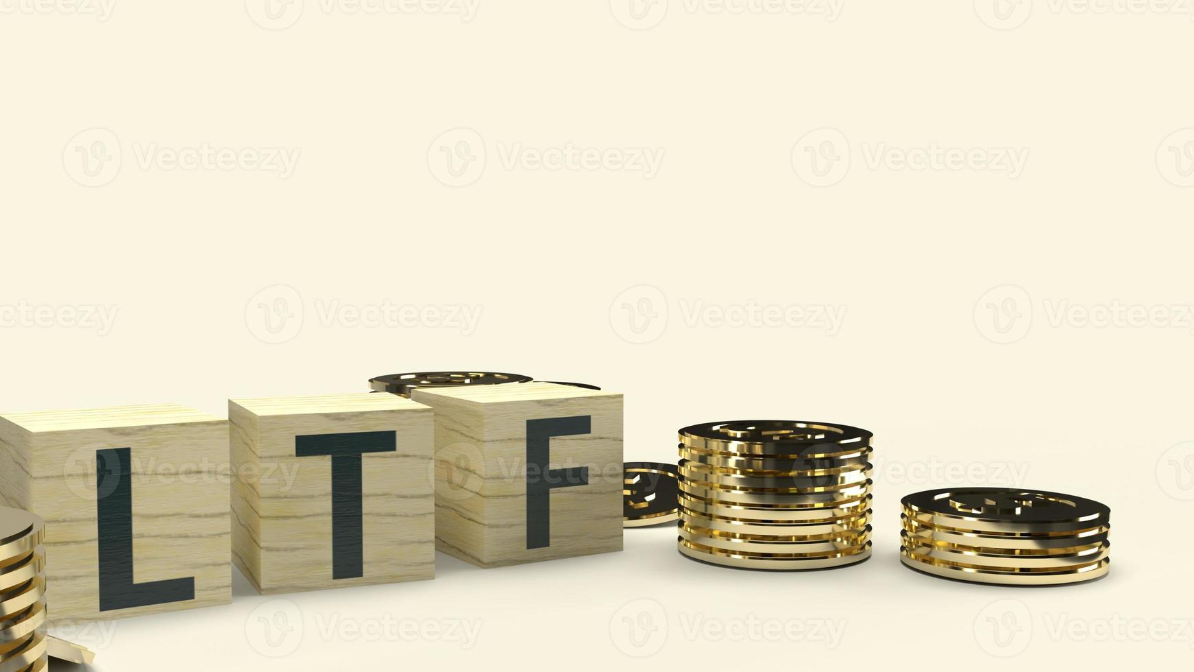 de ltf-tekst op houten kubus en munten 3D-rendering voor zakelijke inhoud. foto