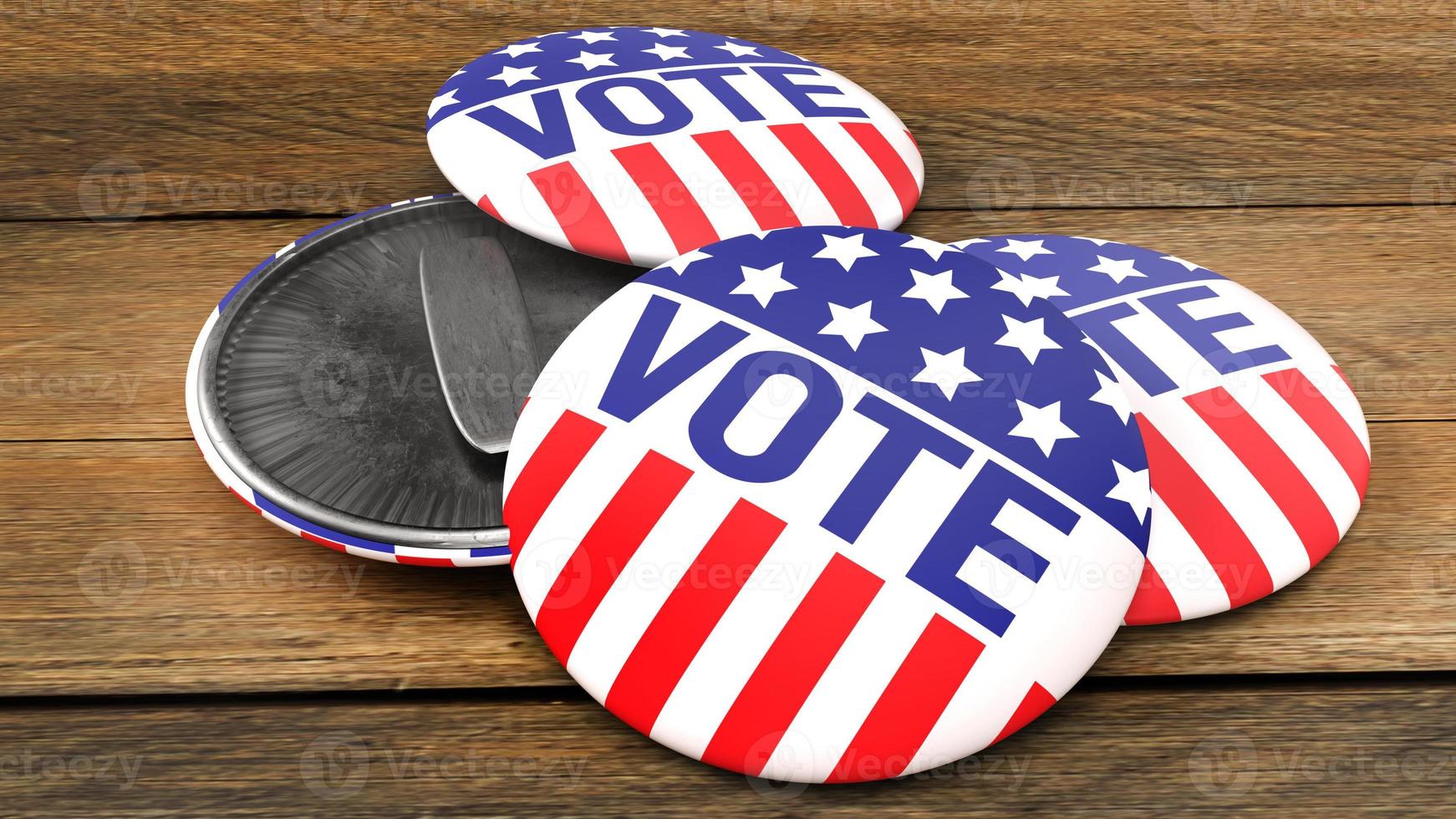 Amerikaanse stembadge op houten tafel voor 3D-rendering van sociale inhoud foto