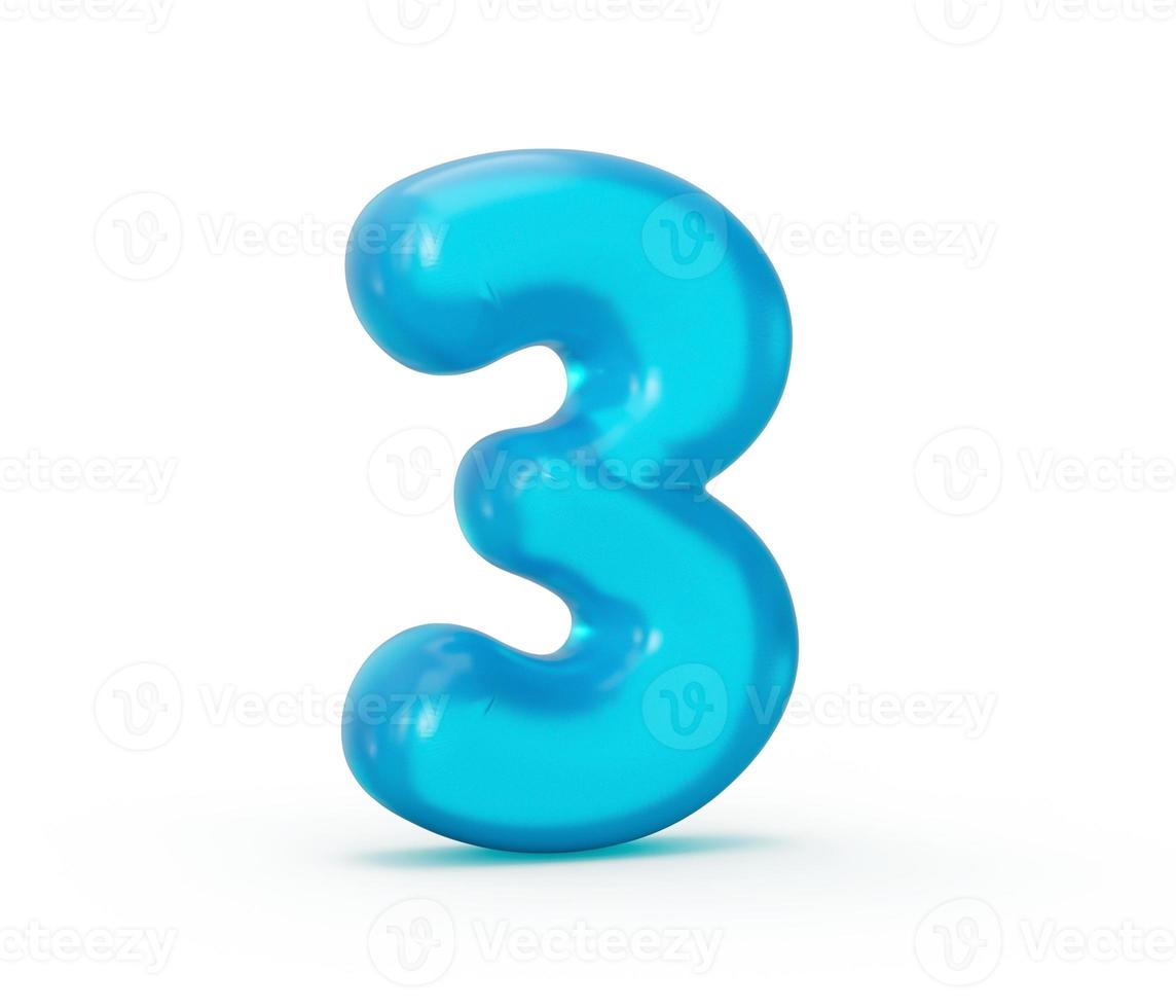 blauwe gelei cijfer 3 drie geïsoleerd op witte achtergrond gelei kleurrijke alfabetten nummers voor kinderen 3d illustratie foto