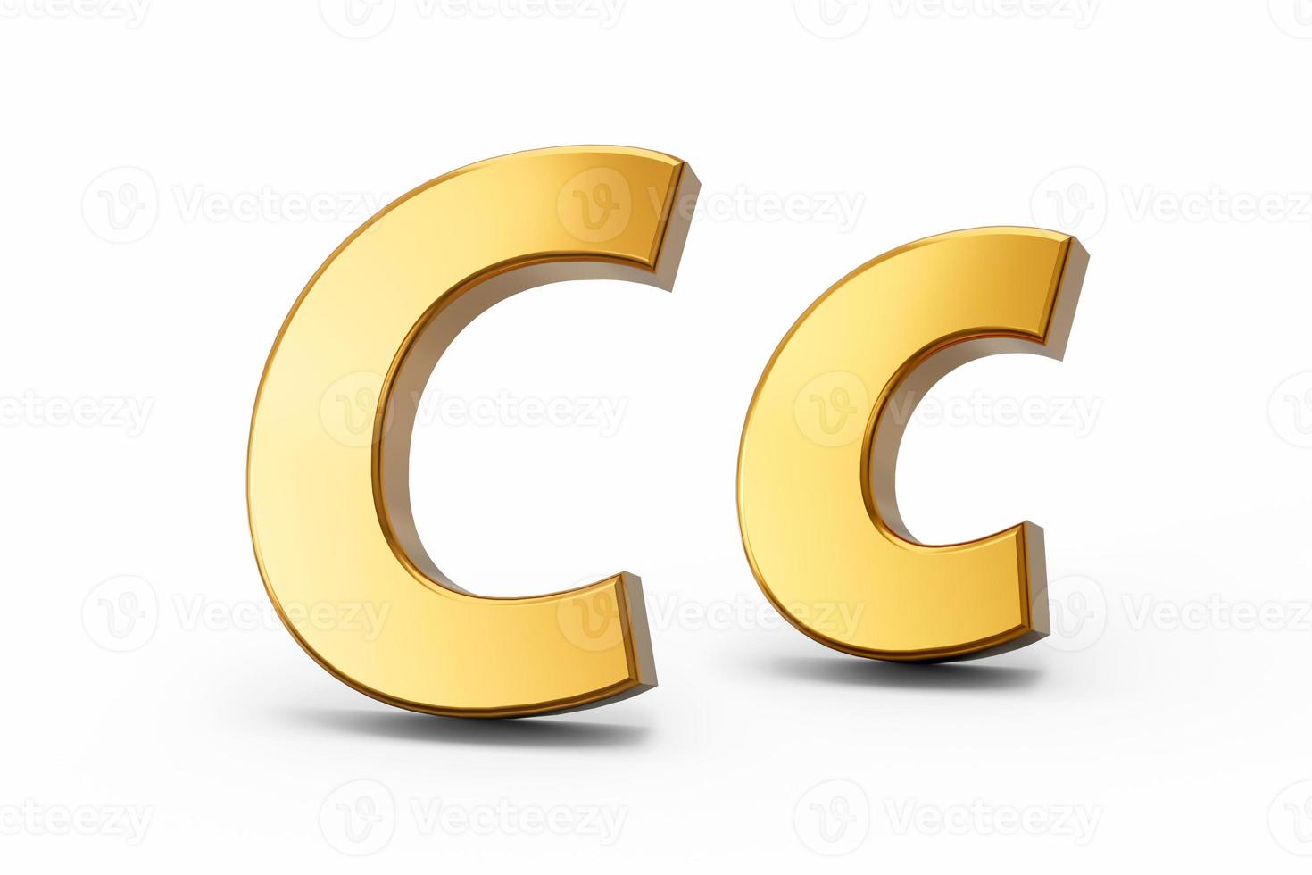 3d letter c in goud metaal op een witte geïsoleerde achtergrond, hoofdletter en kleine letter 3d illustratie foto