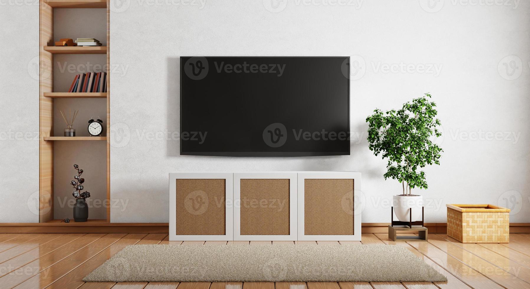 tv boven houten kast in moderne lege ruimte met boekenplank boek planten mand en tapijt op houten vloer. architectuur en interieurconcept. 3D illustratie weergave foto