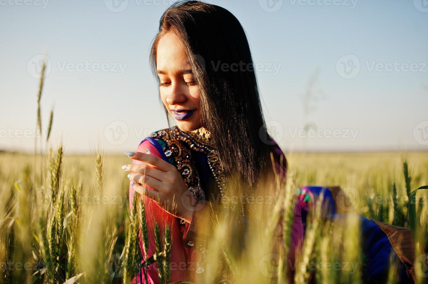 teder indisch meisje in saree, met paarse lippen make-up geposeerd op het veld bij zonsondergang. modieus Indiaas model. foto