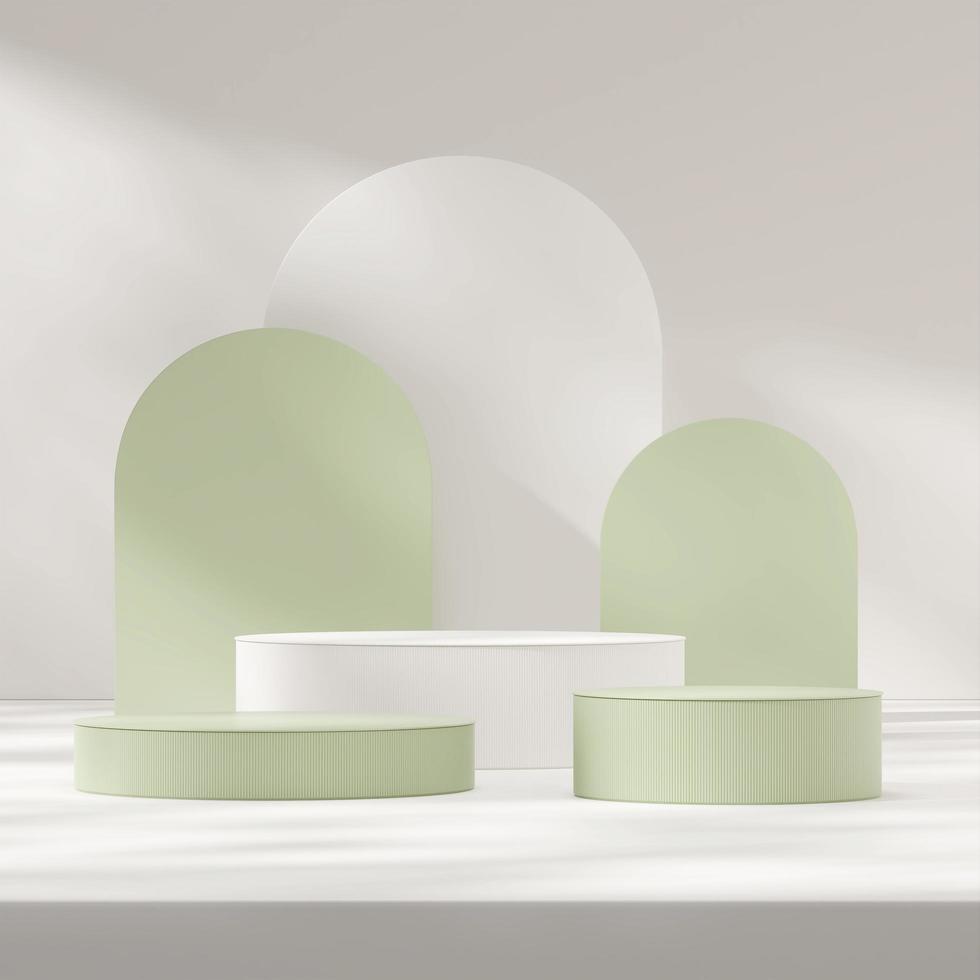 3D-sjabloon maakt mock-up van groen en wit podium in vierkant met boogachtergrond en muur foto