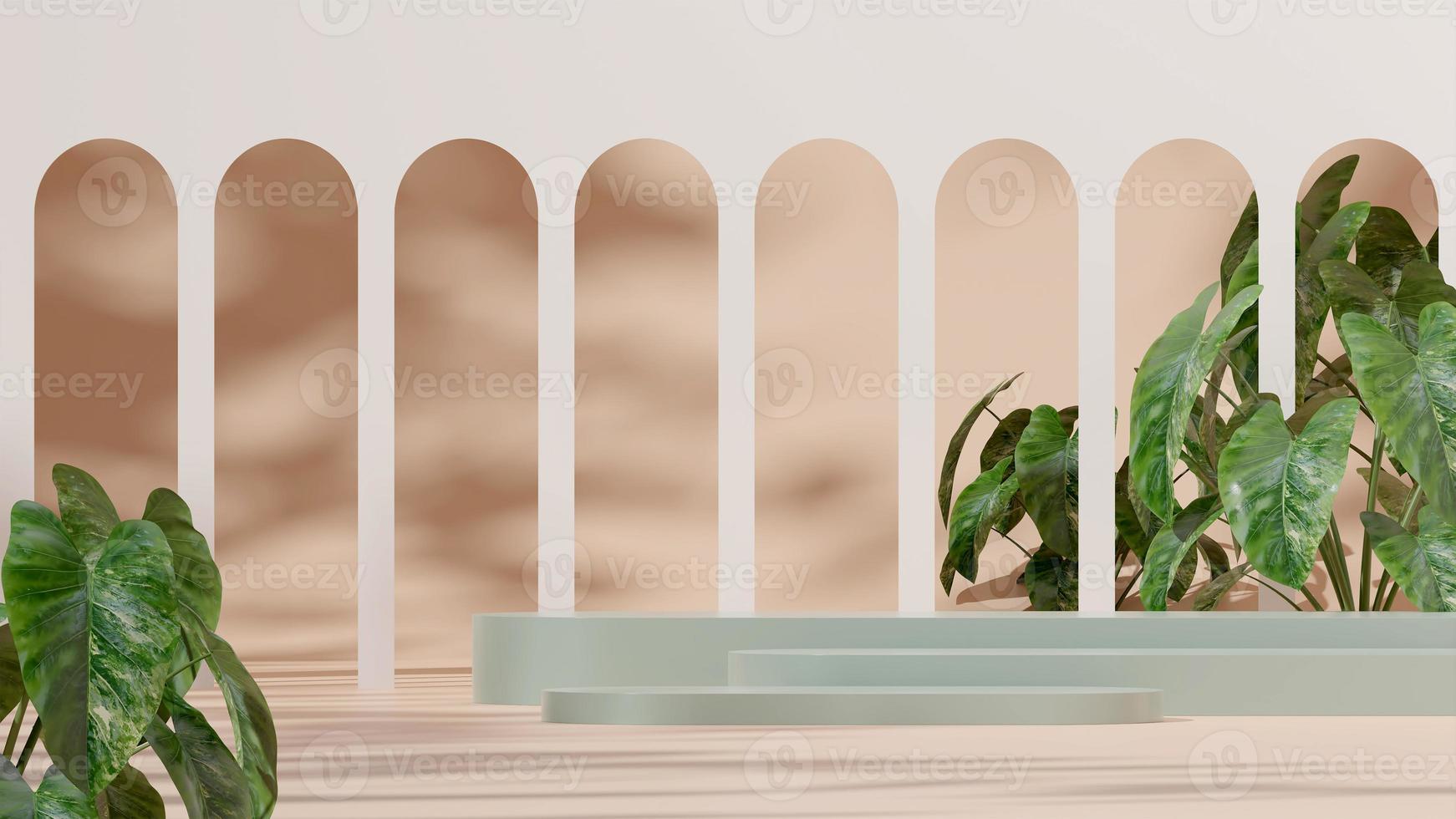 3d render sjabloon groene podiumtrap voor mockup in landschap met bogen en alocasia-planten foto