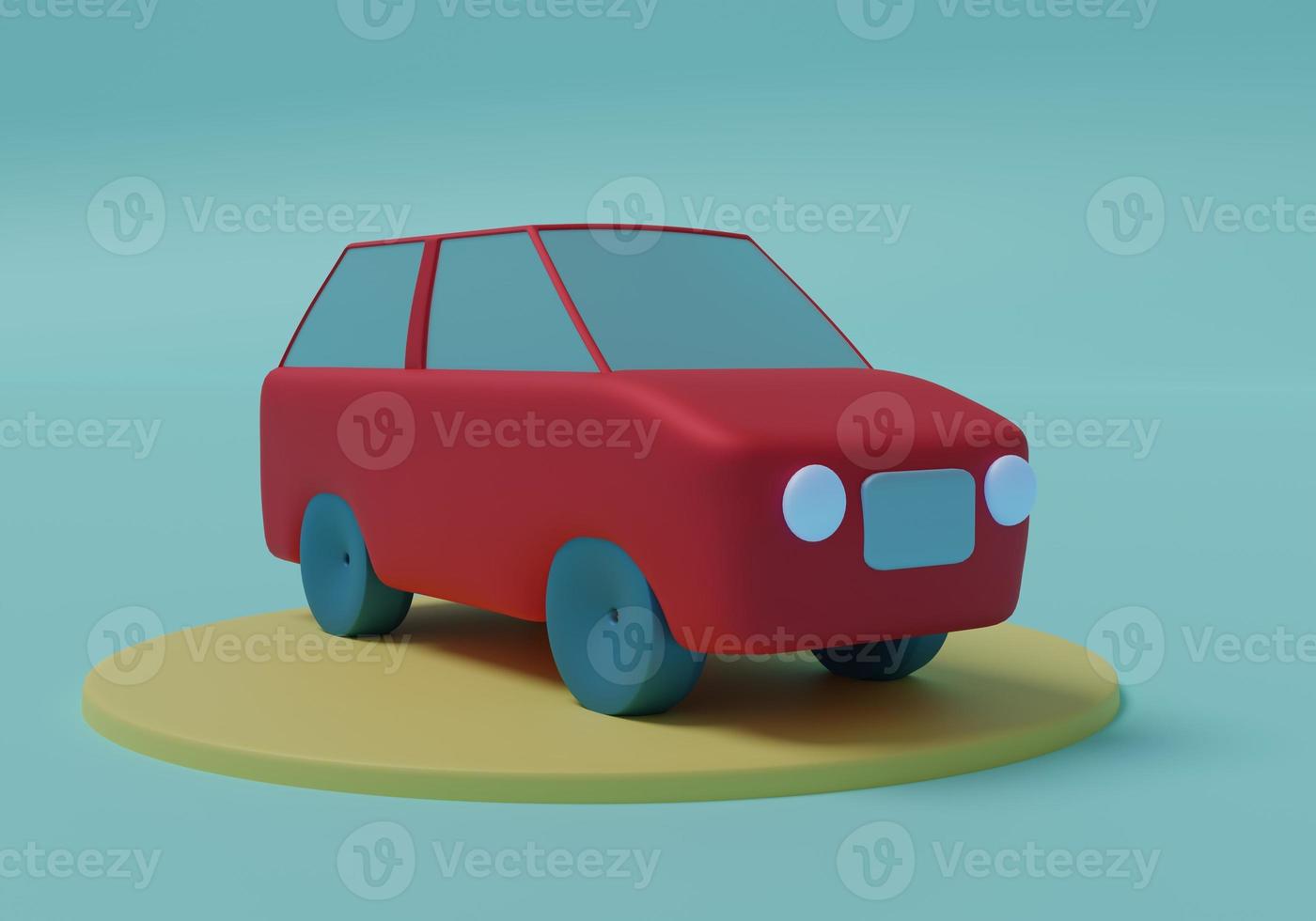 rode cartoon auto op ronde podium in 3D-ruimte. foto