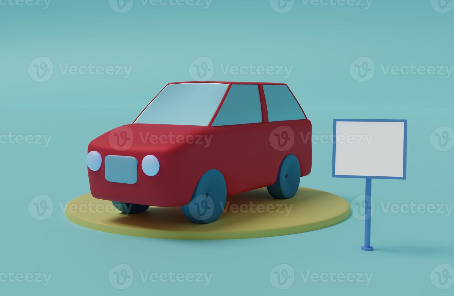 cartoon auto staat op een klein rond platform. ernaast is een leeg frame waarin u elke tekst kunt invoegen. 3D-rendering. foto