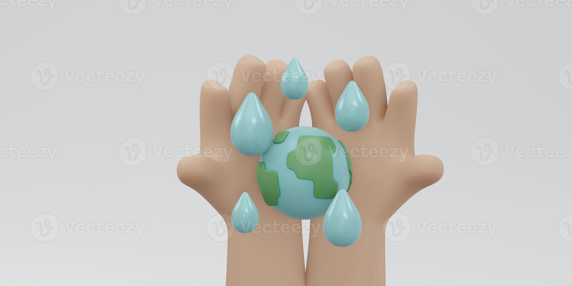 3D-weergave van hand met aarde icoon met waterdruppel met kopie ruimte op witte achtergrond concept van wereld water dag. 3D render illustratie cartoon stijl. foto