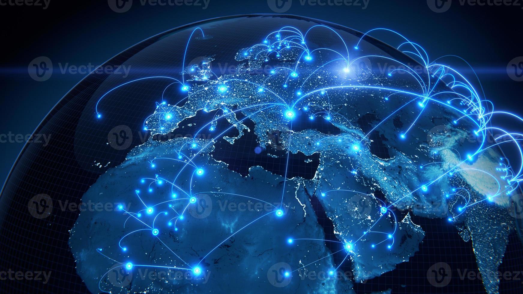 globalisering en communicatie concept. aarde en lichtstralen. 3D-rendering foto