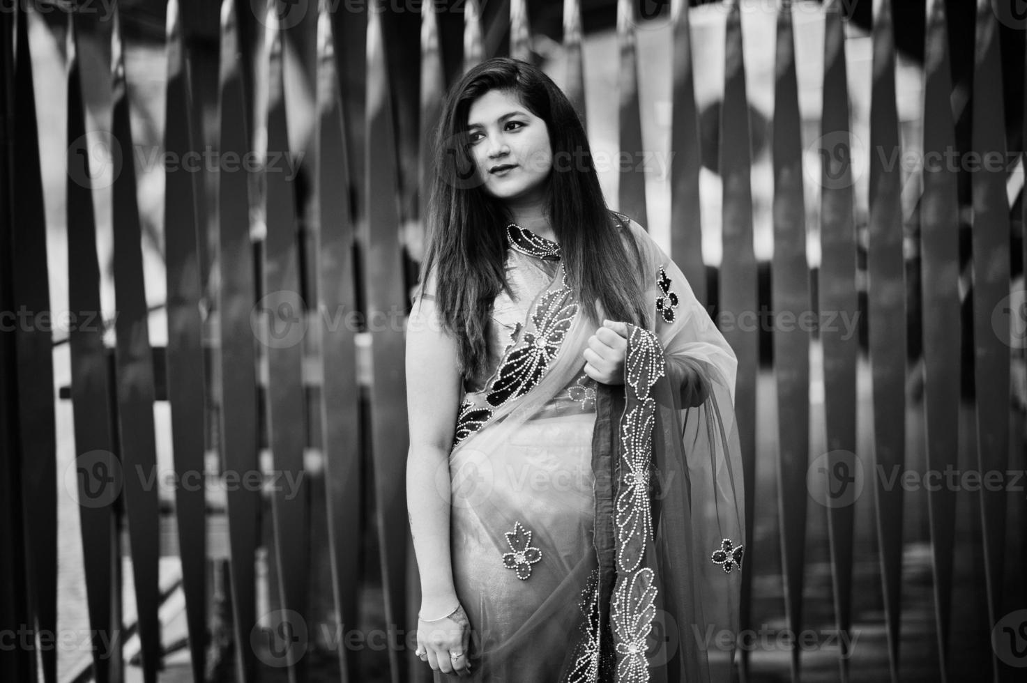 indiase hindoe meisje op traditionele violet saree gesteld op straat tegen rode achtergrond. foto