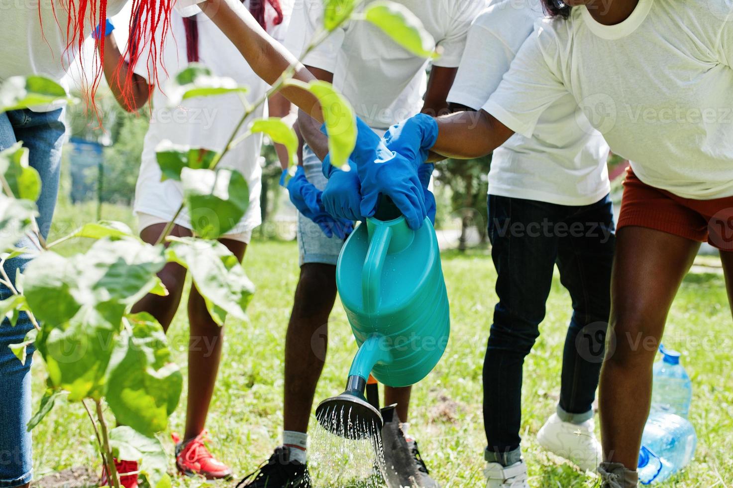 groep gelukkige afrikaanse vrijwilligers ontkiemen gedrenkt uit een gieterboom in het park. Afrika vrijwilligerswerk, liefdadigheid, mensen en ecologie concept. foto