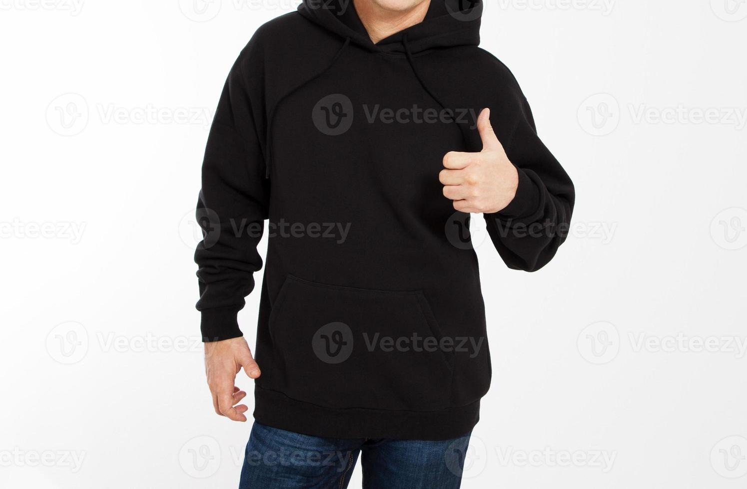 man in zwart sweatshirt, zwarte hoodies voor geïsoleerd show zoals, mock-up, kopieer ruimte bijgesneden afbeelding foto