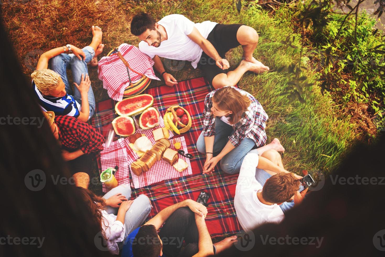 bovenaanzicht van groepsvrienden die genieten van picknicktijd foto