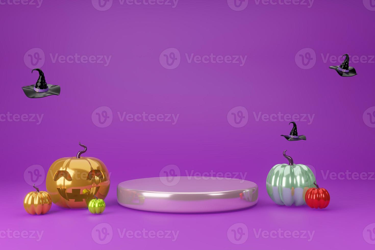 halloween partij Purper metaalachtig thema achtergrond. 3d illustratie stadium podium geel pompoen en heks hoed foto