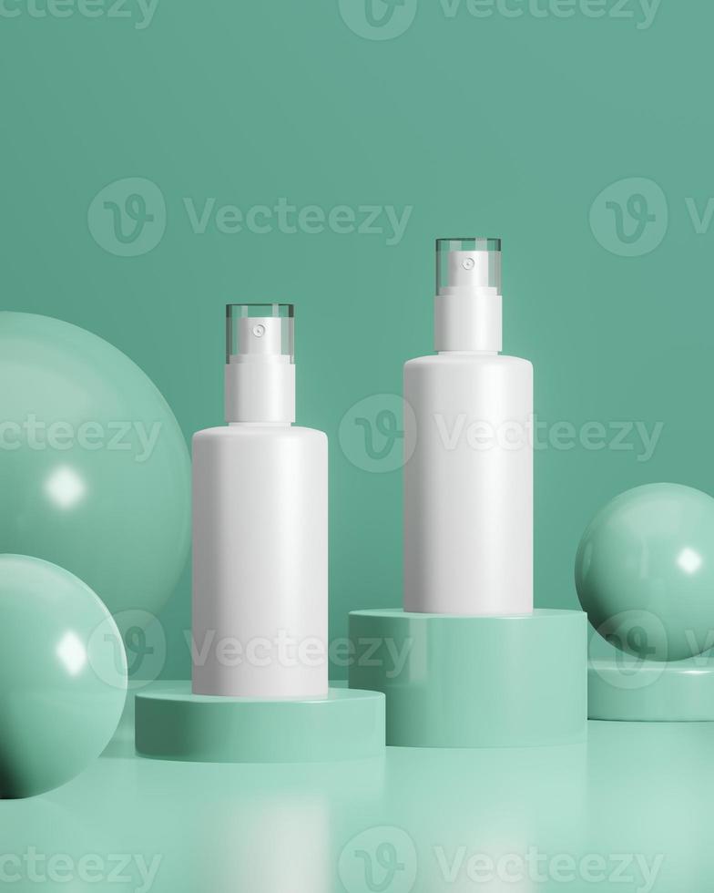 wit verstuiven fles schoonheid kunstmatig groen staan podium met gebied blanco mockup 3d illustratie Aan groen natuurlijk achtergrond foto