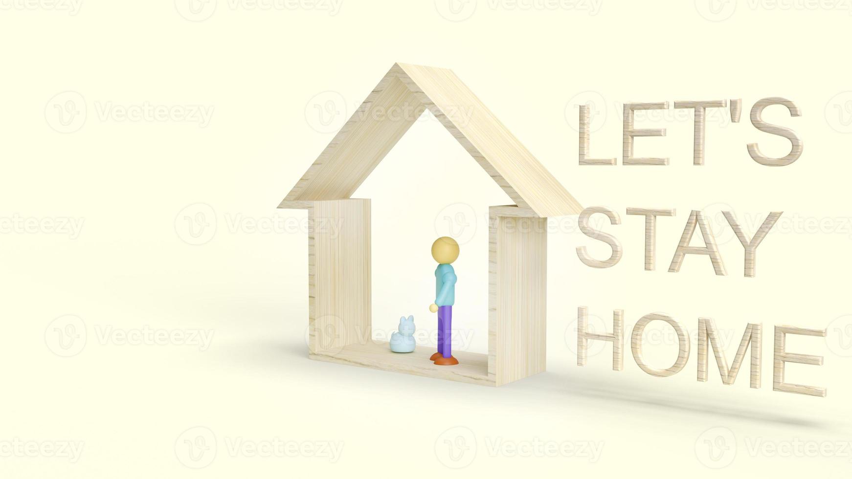 houten speelgoed huis en houten figuur 3D-rendering foto
