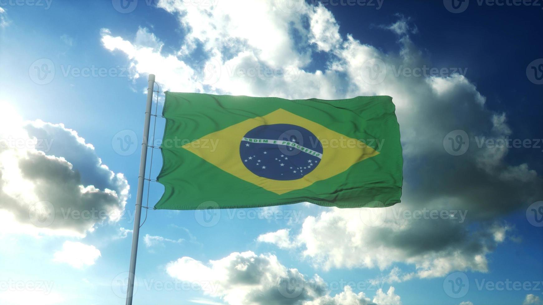 vlag van Brazilië golvend Bij wind tegen mooi blauw lucht. 3d illustratie foto