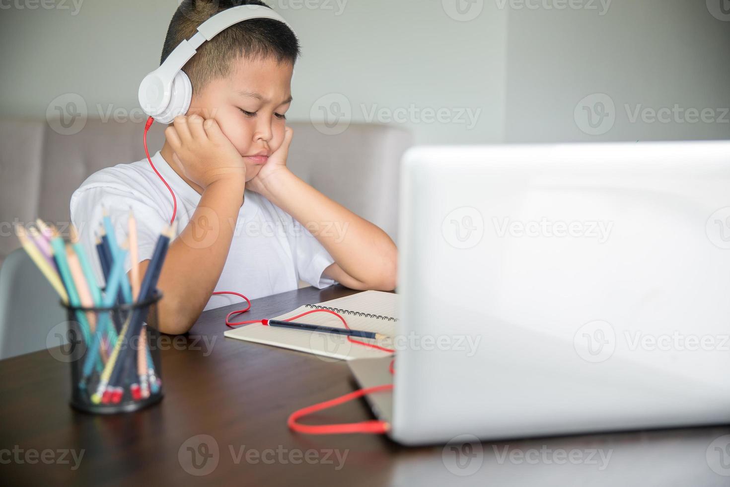 jong leerling afstand aan het leren virtueel afstand online klasse Aan video telefoontje virtueel les, technologie aan het studeren Bij huis gebruik makend van laptop computer. ouder of tutor onderwijs kind jongen met afgelegen onderwijs. foto