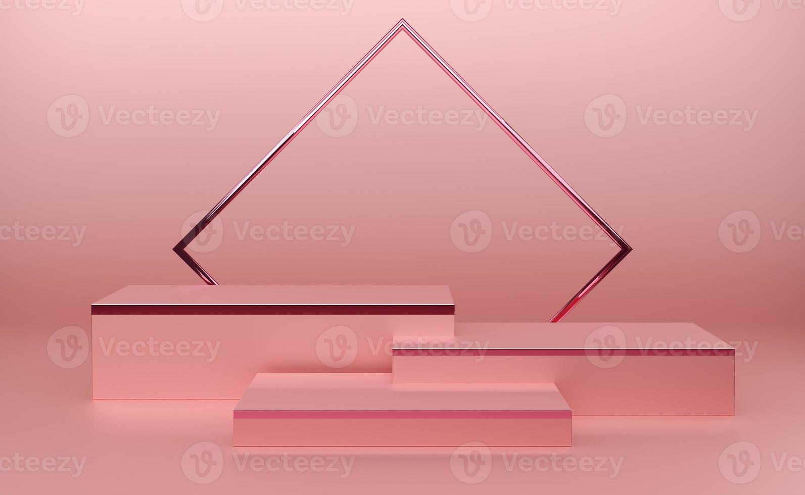 podium leeg met geometrische vormen in roze pastel compositie voor moderne toneelvertoning en minimalistische mockup, abstracte showcase achtergrond, concept 3d illustratie of 3d render foto