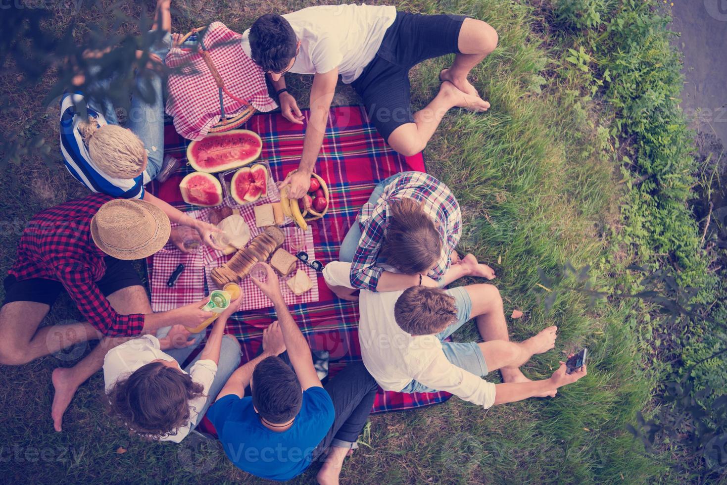 bovenaanzicht van groepsvrienden die genieten van picknicktijd foto