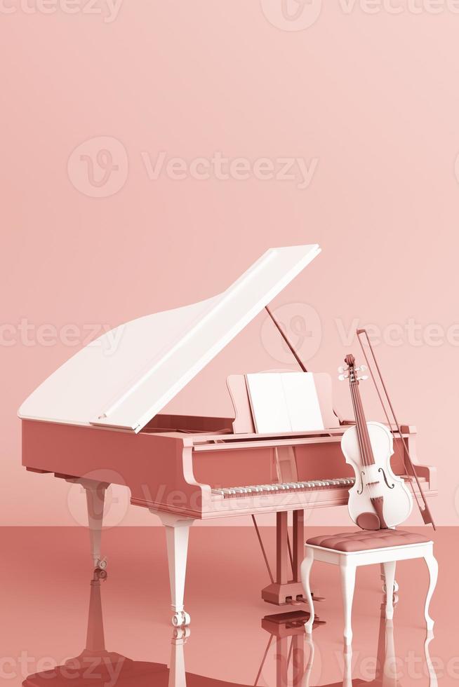 groots piano met een viool Aan roze pastel kleur achtergrond. 3d renderen foto