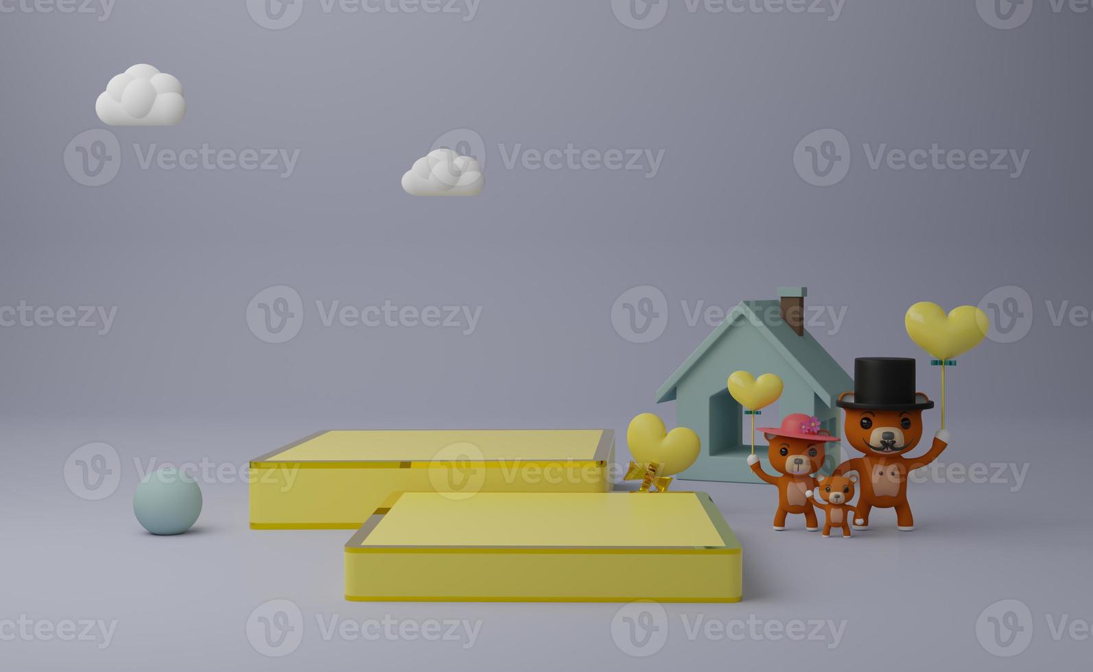 podium leeg en teddy beer met geel hart vormen in grijs samenstelling voor modern stadium Scherm en minimalistische mockup ,valentijnsdag dag achtergrond ,concept 3d illustratie of 3d geven foto