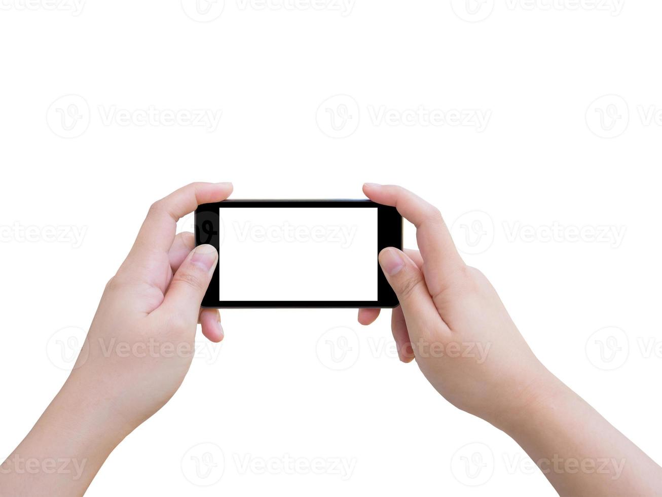 hand die slimme telefoon houdt die foto neemt die op witte achtergrond wordt geïsoleerd